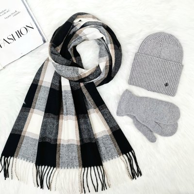 Комплект жіночий зимовий ангора з вовною (шапка+шарф+рукавиці) ODYSSEY 56-58 см сірий + чорний 3557 - 8064 - 4110 ария фото
