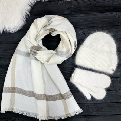 Комплект женский зимний ангоровый на флисе (шапка+шарф+варежки) ODYSSEY 57-59 см белый 13231 - 8131 - 4122 кливия фото