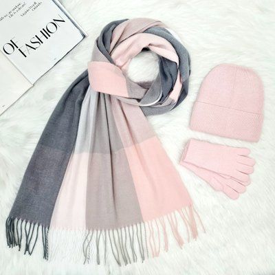 Комплект жіночий зимовий ангора з вовною (шапка+шарф+рукавички) ODYSSEY 55-57 см рожевий + сірий 13726 - 1122 - 4071 мак фото